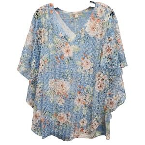 Casual Express Womens Tunic Top XXL Blue Floral Lace 3/4 Sleeve Cottagecore BOHO